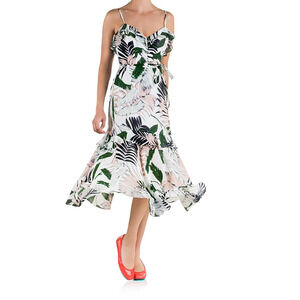 Milly 100% Silk Tropical Print Layered Ruffle Trim Slip Midi Dress White/Green 4